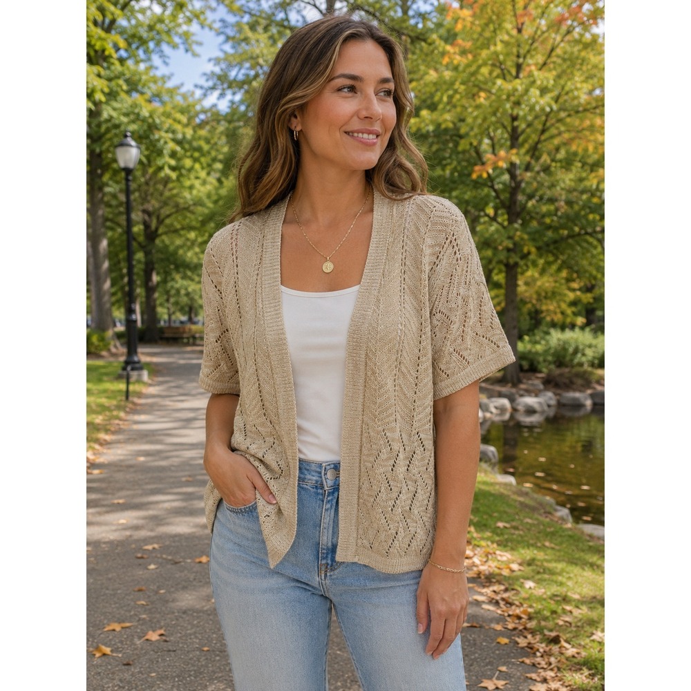Laura Scott Medium Beige Open Knit Cardigan Short Sleeve Crochet Boho Sz M